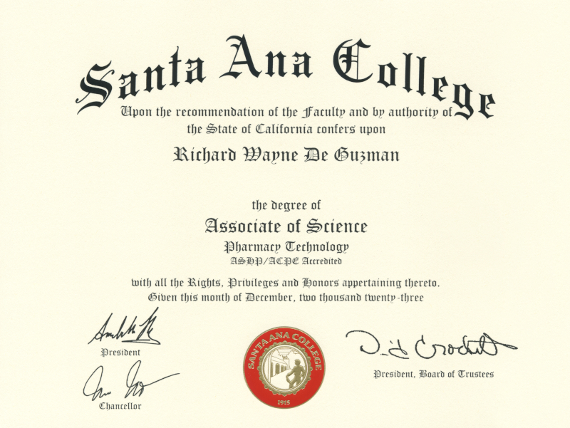 Santa Ana College Associate of Science in Pharmacy Technology, ASHP/ACPE Accredited