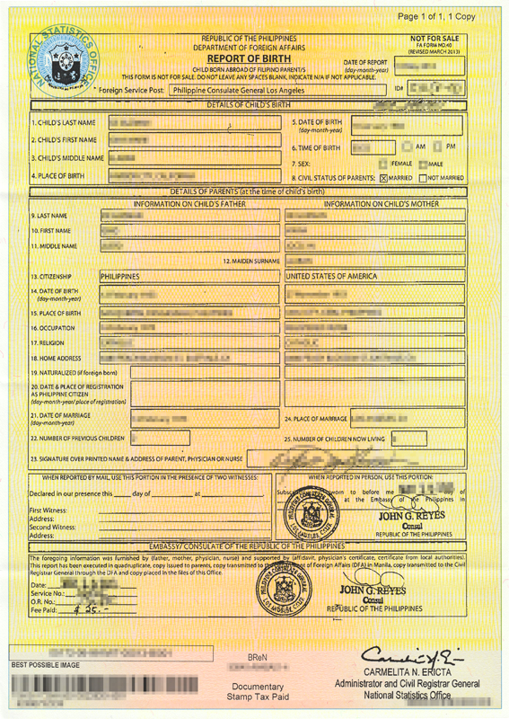 NSO (PSA) Report of Birth / Birth Certificate
